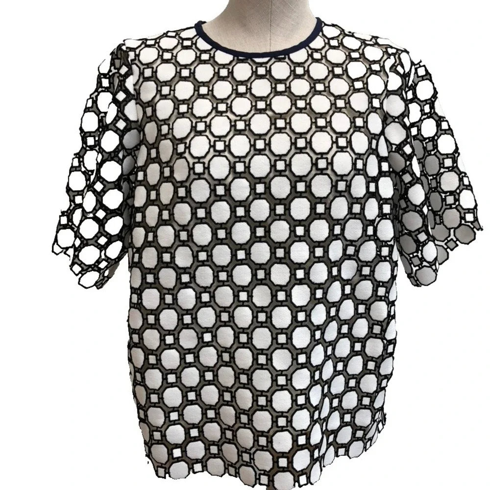 Tory Burch Blouse Shirt Womens 4 Black White Geometric Short Sleeve Eyelet